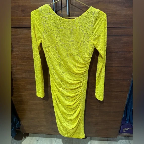 Dress the Populatjon Yellow Lace Long-Sleeve Bodycon Dress size small - Picture 6 of 11